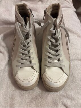 ShuShop Cream and Blush High-Top Lace-Up Sneakers with Glitter